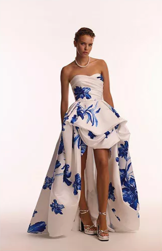 Woman wearing the Valjean Ave Maxi strapless white gown with blue floral patterns on a white background