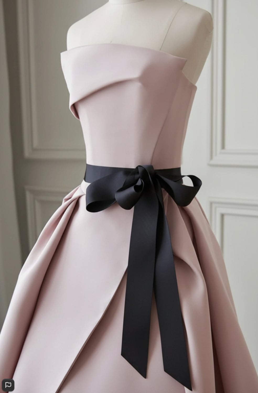 Strapless blush pink satin twill gown with a structured pleated bodice and a contrasting black sash tied at the waist.