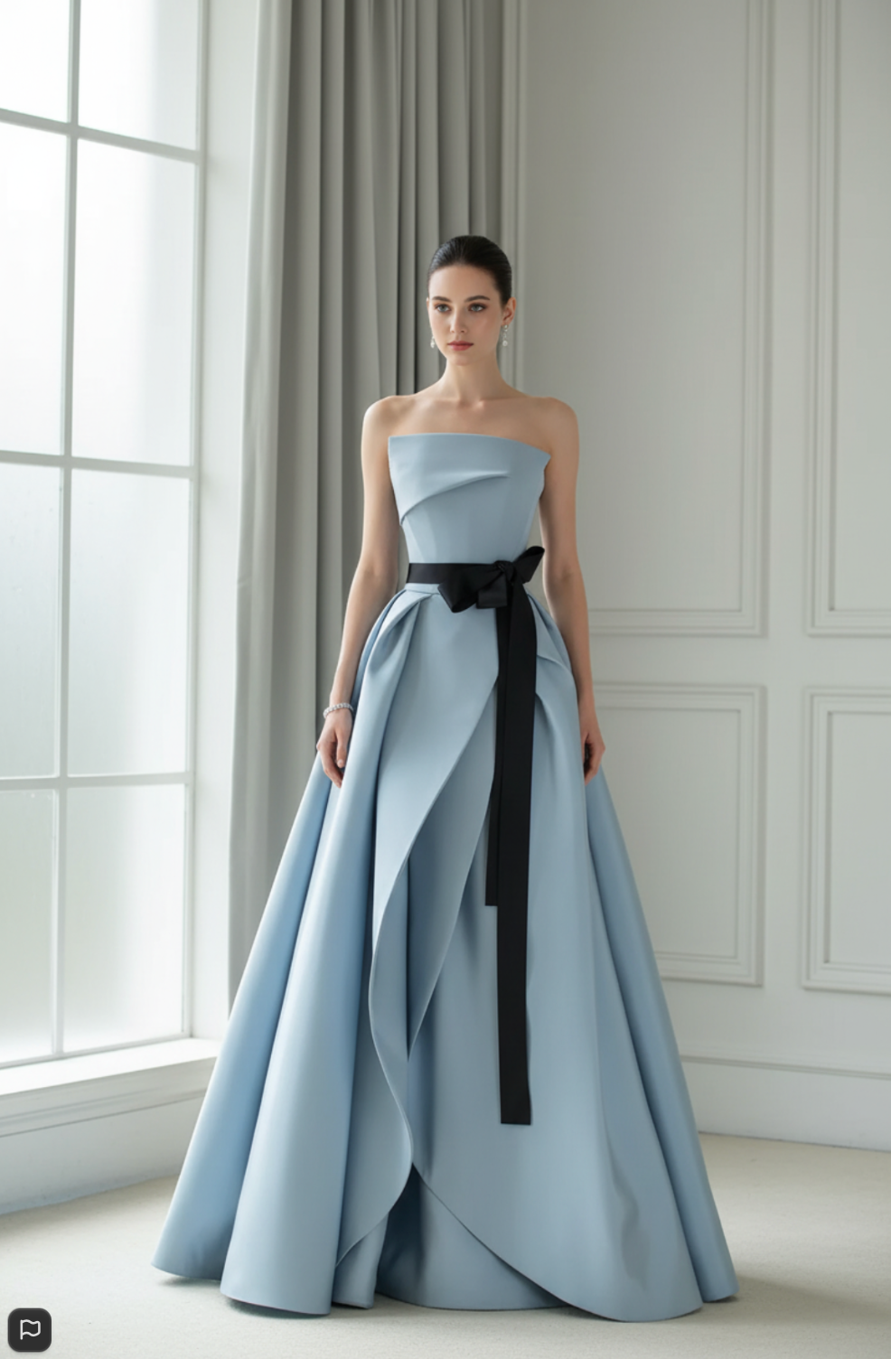 Strapless light blue satin twill A-line gown with a black waist sash, pleated bodice, and floor-length silhouette.