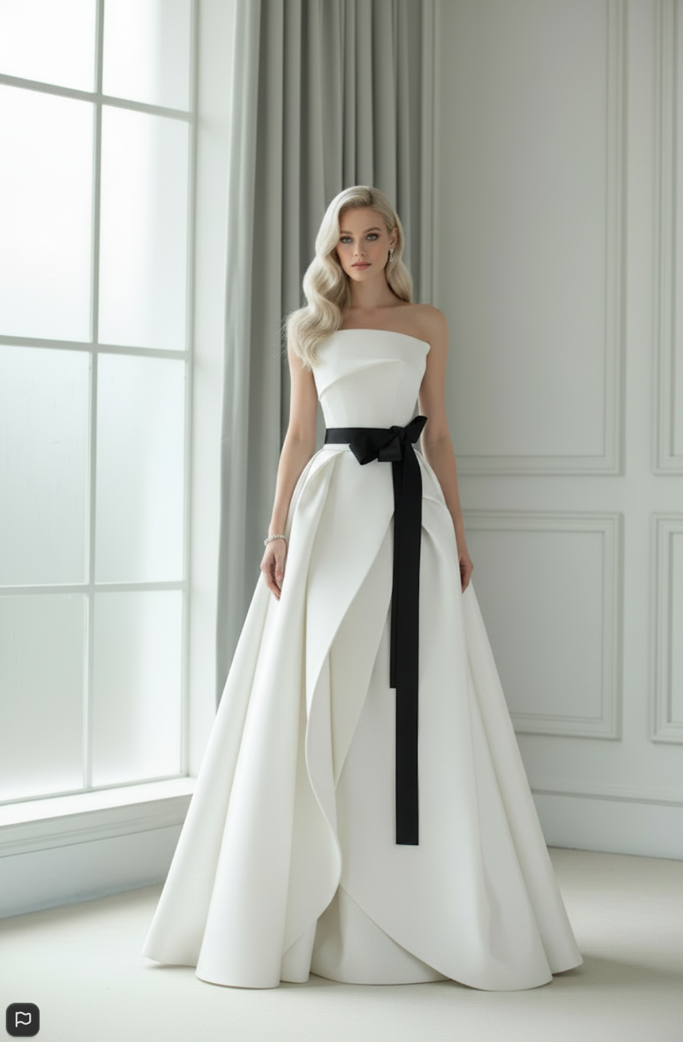 Strapless white A-line Crete gown featuring a floor-length pleated skirt, strategic ruching, and a dramatic black waist sash.