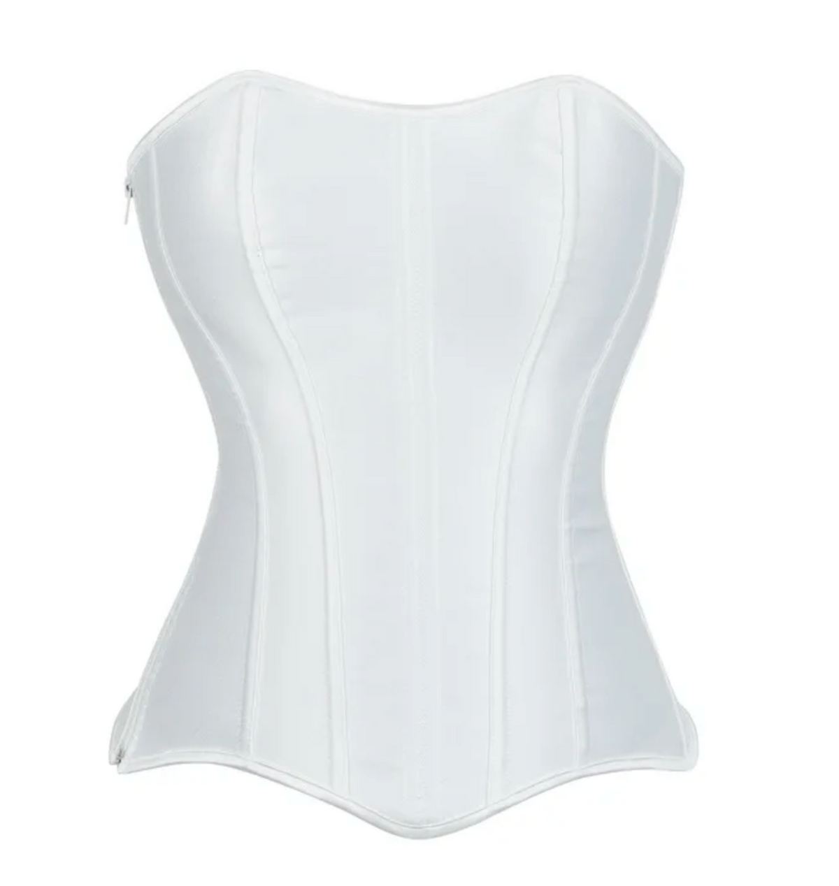 White satin Soli overbust corset with structured boning, sweetheart neckline, and a sleek side zipper closure.