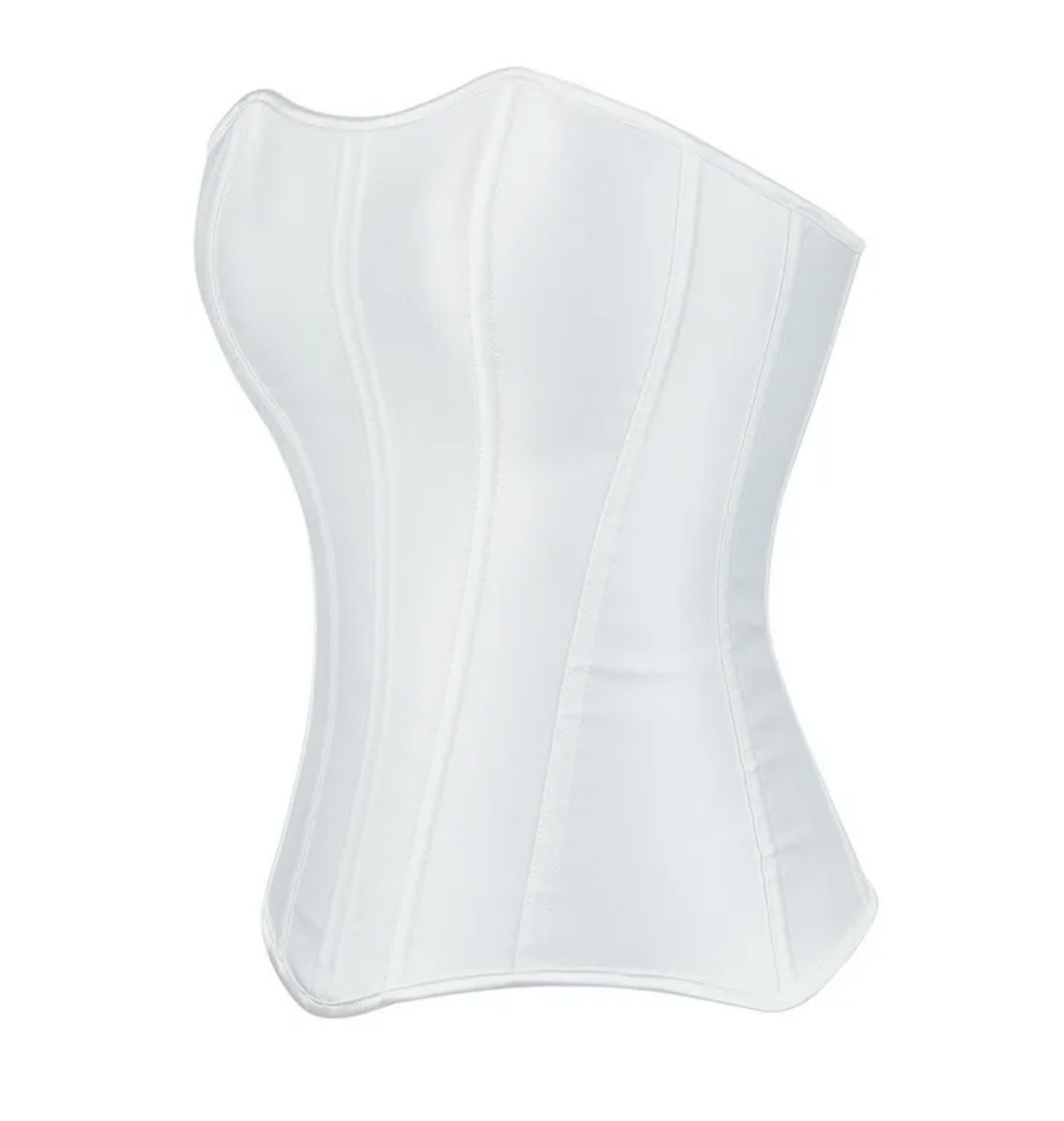 White satin overbust corset with structured boning and a sleek, form-fitting silhouette.