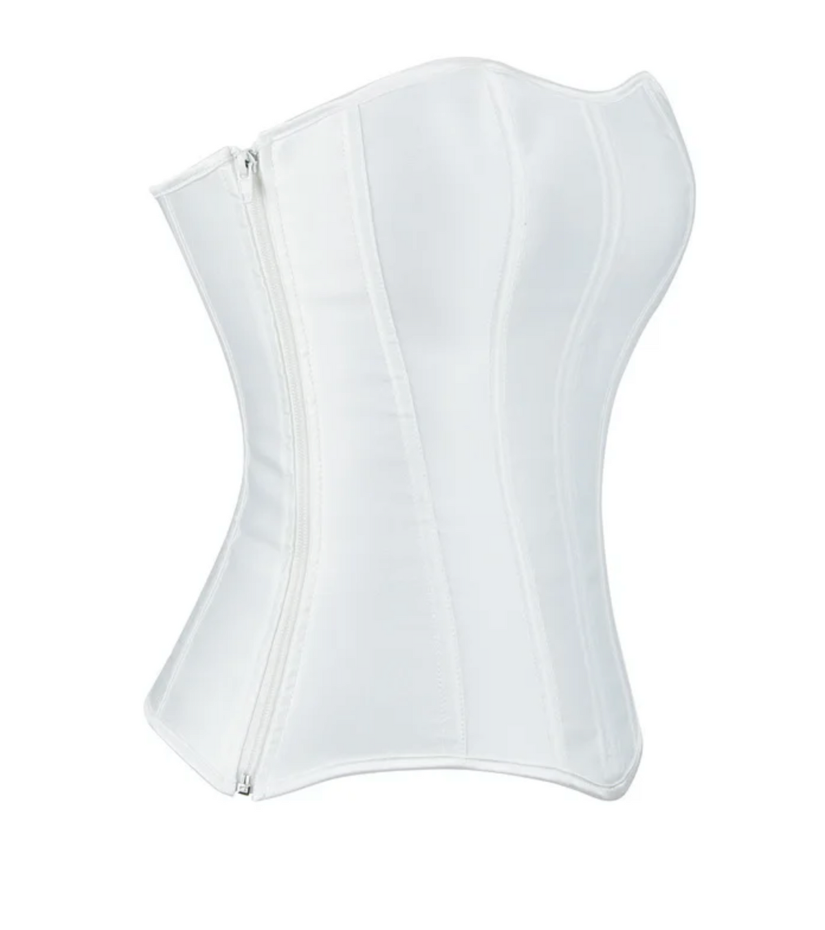 White satin overbust corset with structured boning and a sleek front zipper closure for a sculpted silhouette.