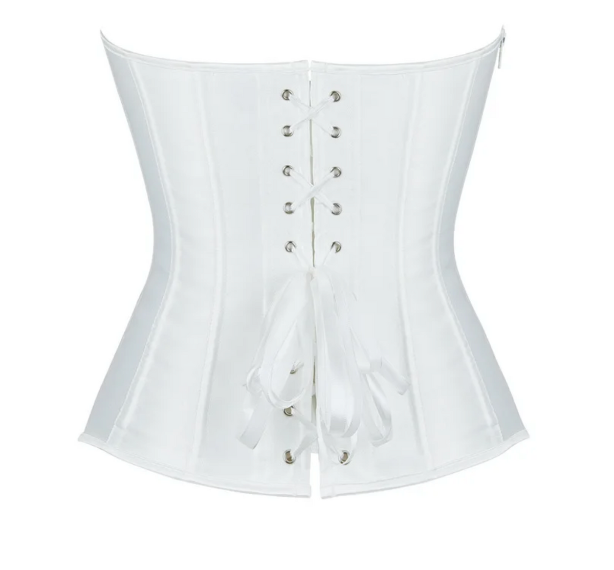 White satin overbust corset with structured boning and a back lace-up ribbon closure.