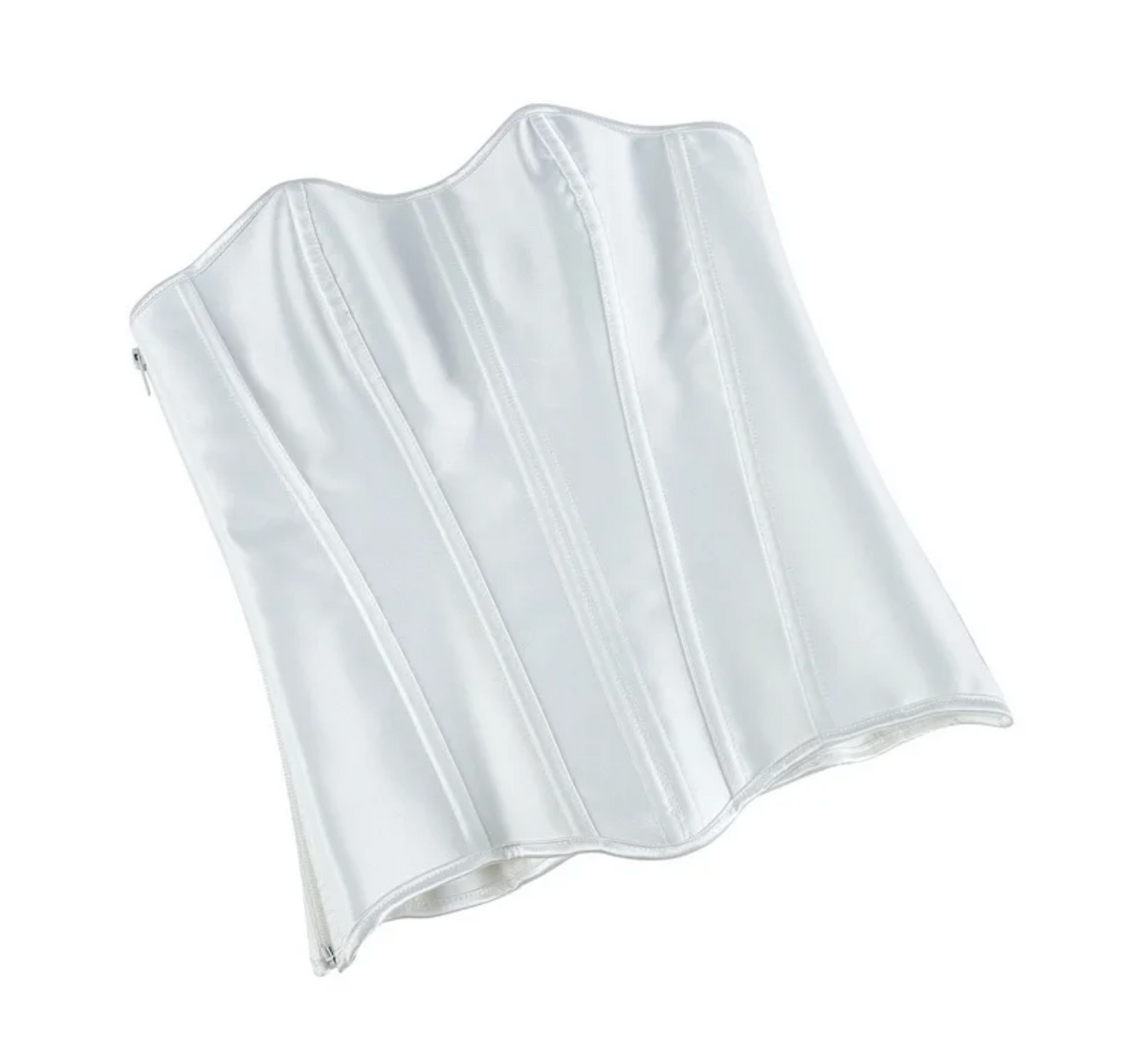 Soli white satin overbust corset with structured boning and a sleek front zipper closure.
