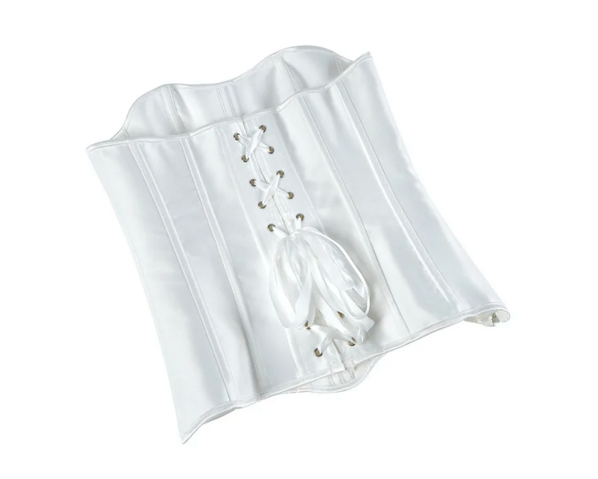 White satin overbust corset with structured boning and a central lace-up ribbon closure on a white background.