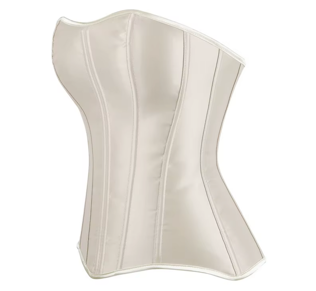 Soli overbust corset in champagne satin with structured boning and a sleek, form-fitting silhouette.