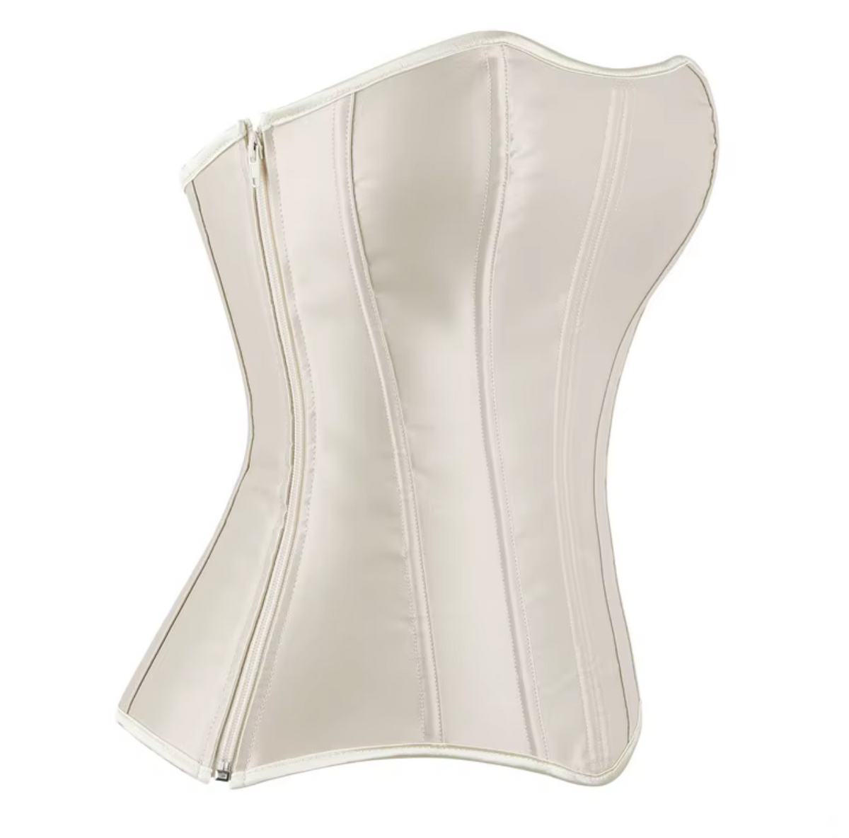 Soli overbust corset in champagne satin with structured boning and a sleek front zipper closure.