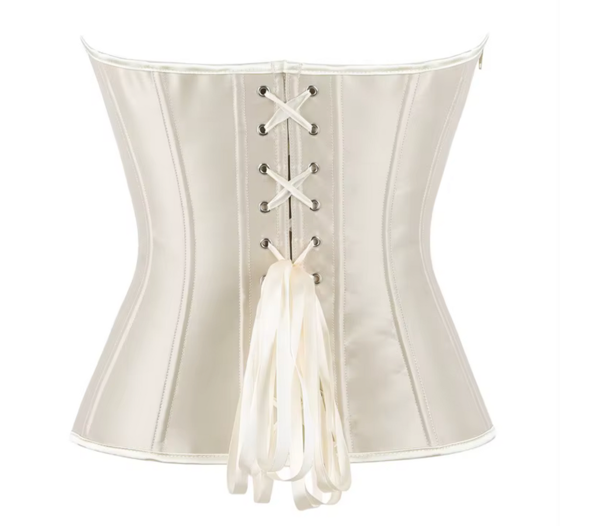 Cream satin Soli overbust corset featuring structured boning and a traditional lace-up back with matching ribbon ties.