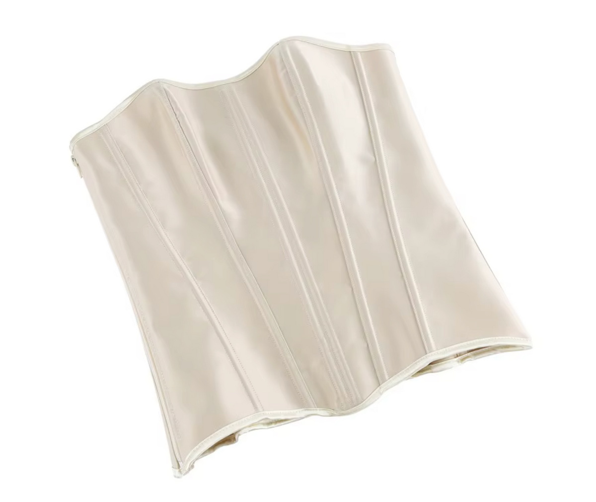 Soli champagne satin overbust corset with structured boning and a sleek front zipper closure.
