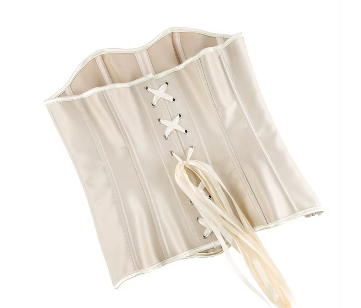 Cream satin overbust corset with structured boning and back ribbon lace-up closure isolated on white.