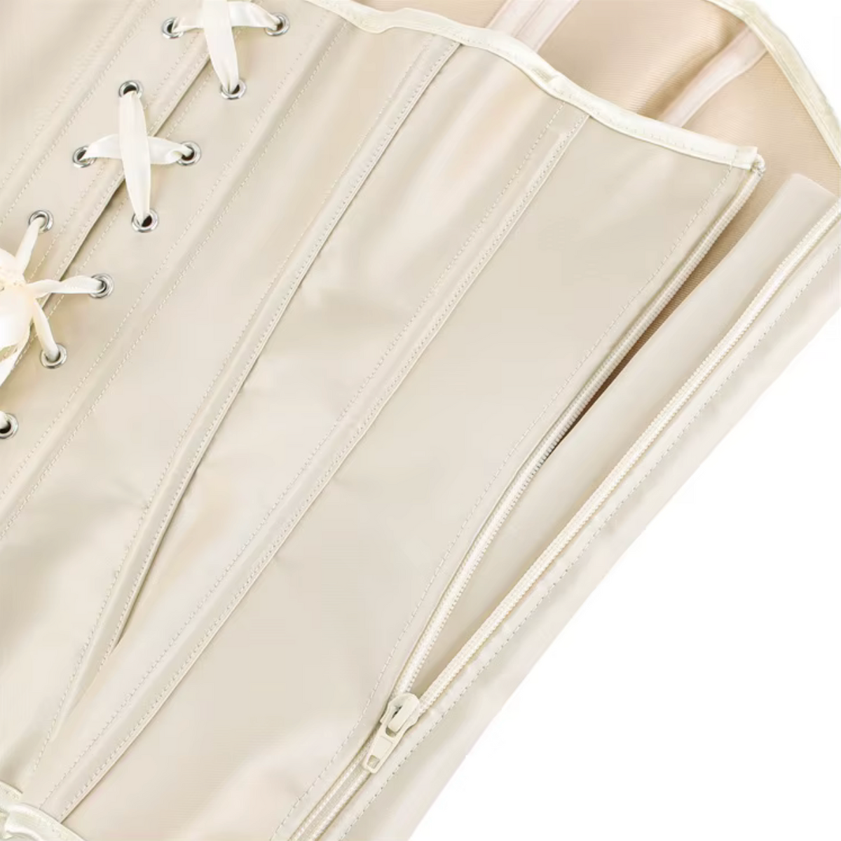 Cream satin Soli corset featuring structured boning, a front zipper closure, and matching ribbon lace-up detailing.