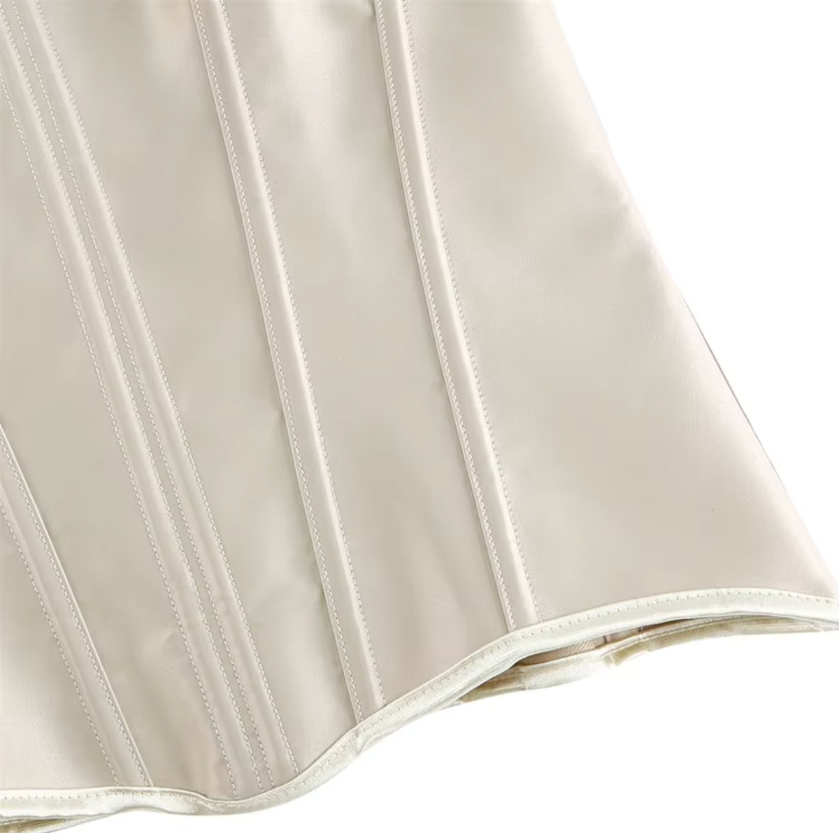 Cream-colored satin overbust corset with structured vertical boning and a sleek, sophisticated finish.