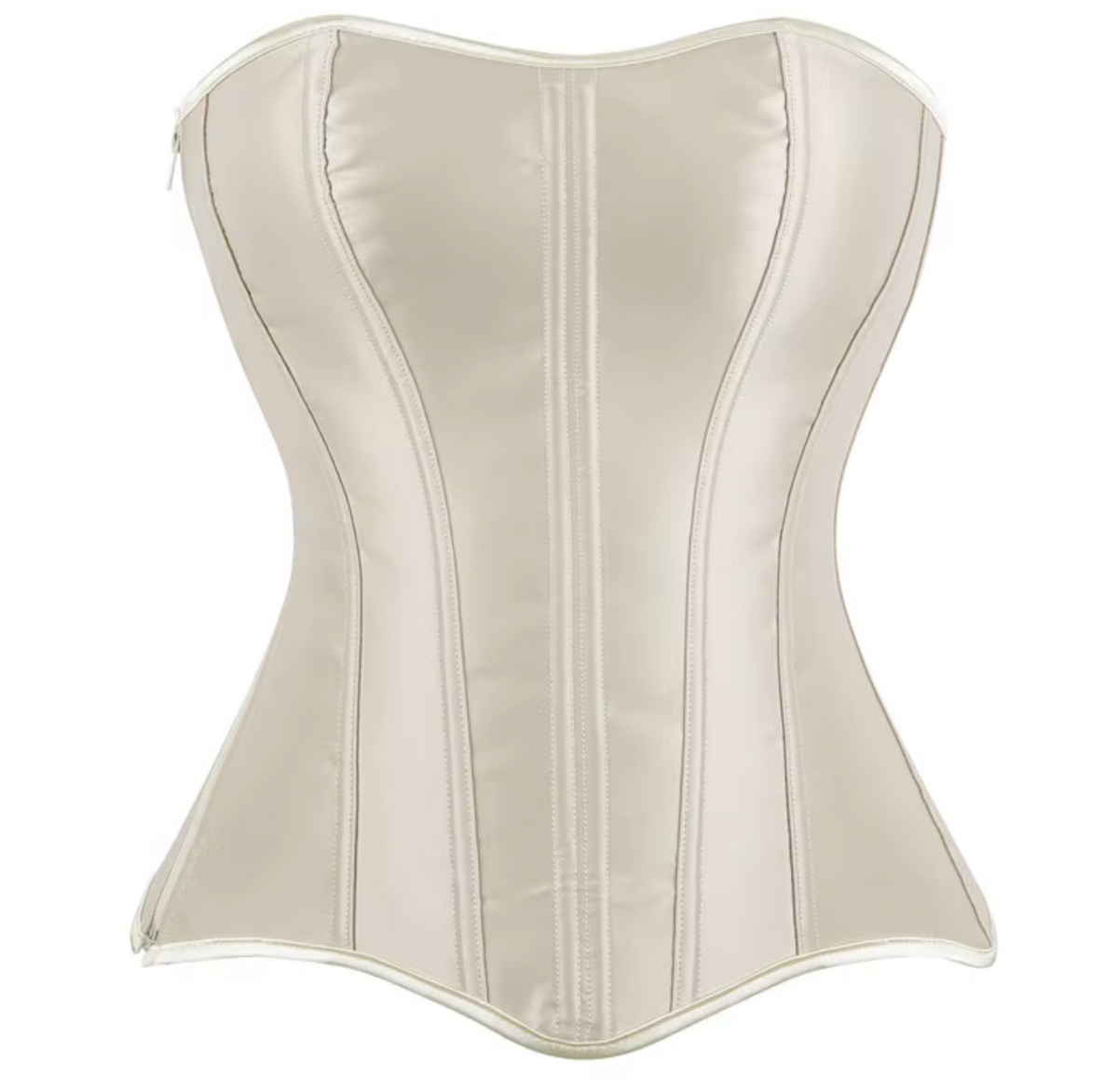 Soli cream satin overbust corset with structured boning, sweetheart neckline, and a sleek front zipper closure.
