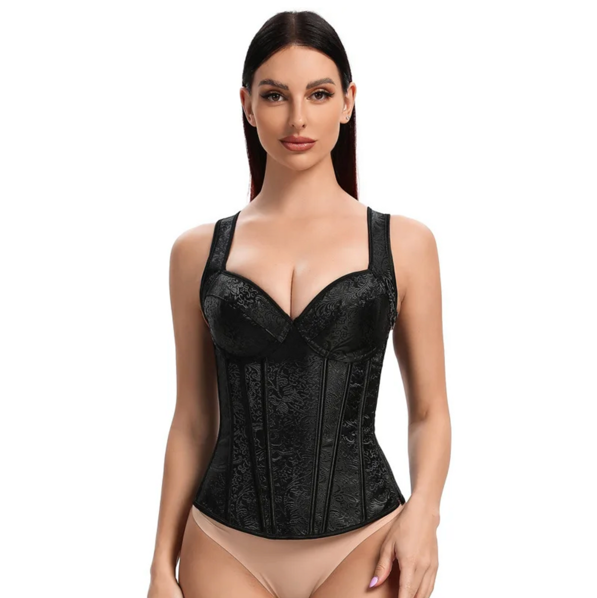 Black jacquard overbust corset with structured boning, wide straps, and a fitted, supportive design.