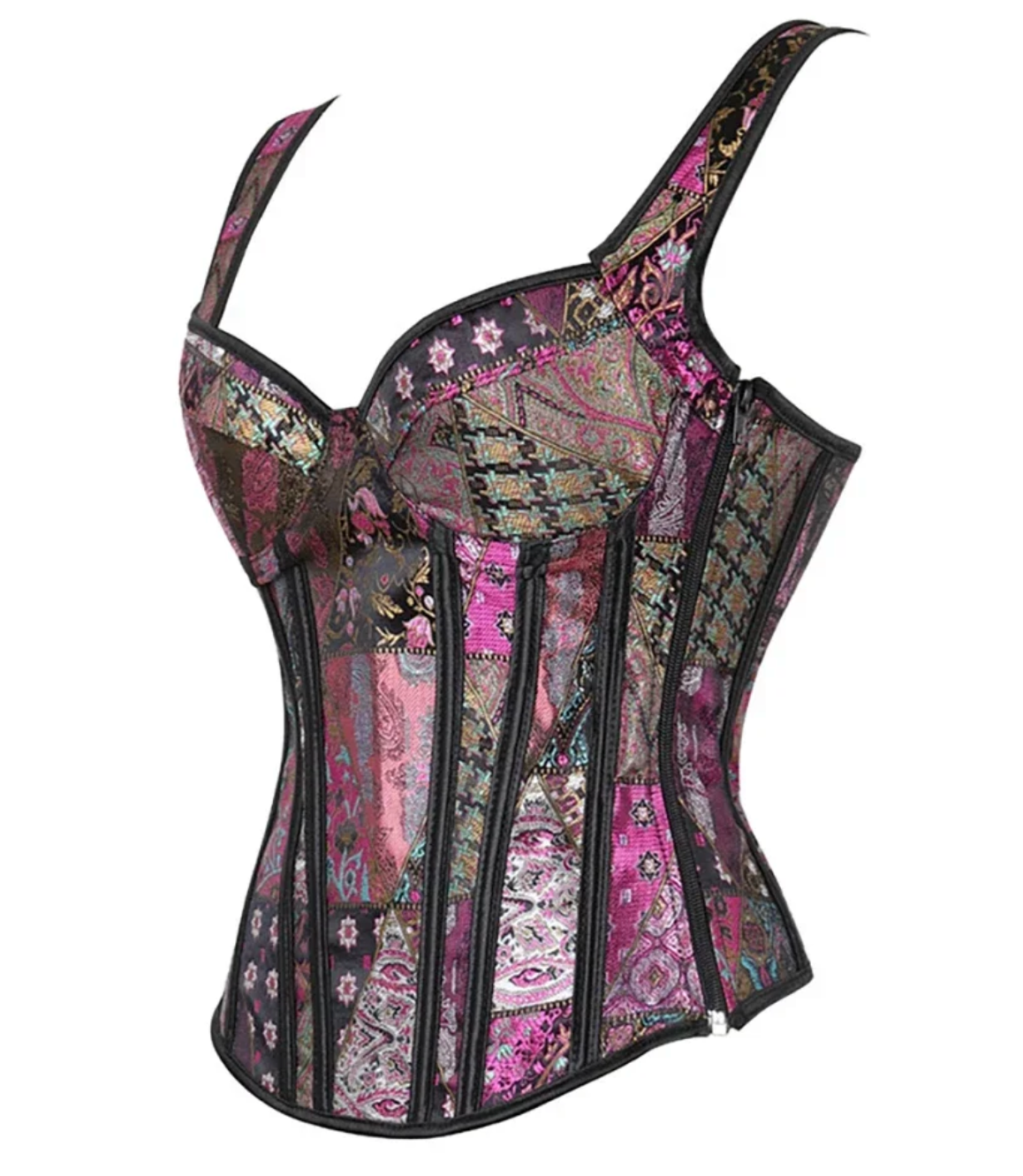 Yana black jacquard overbust corset with pink patterned panels, structured boning, and side zipper closure.