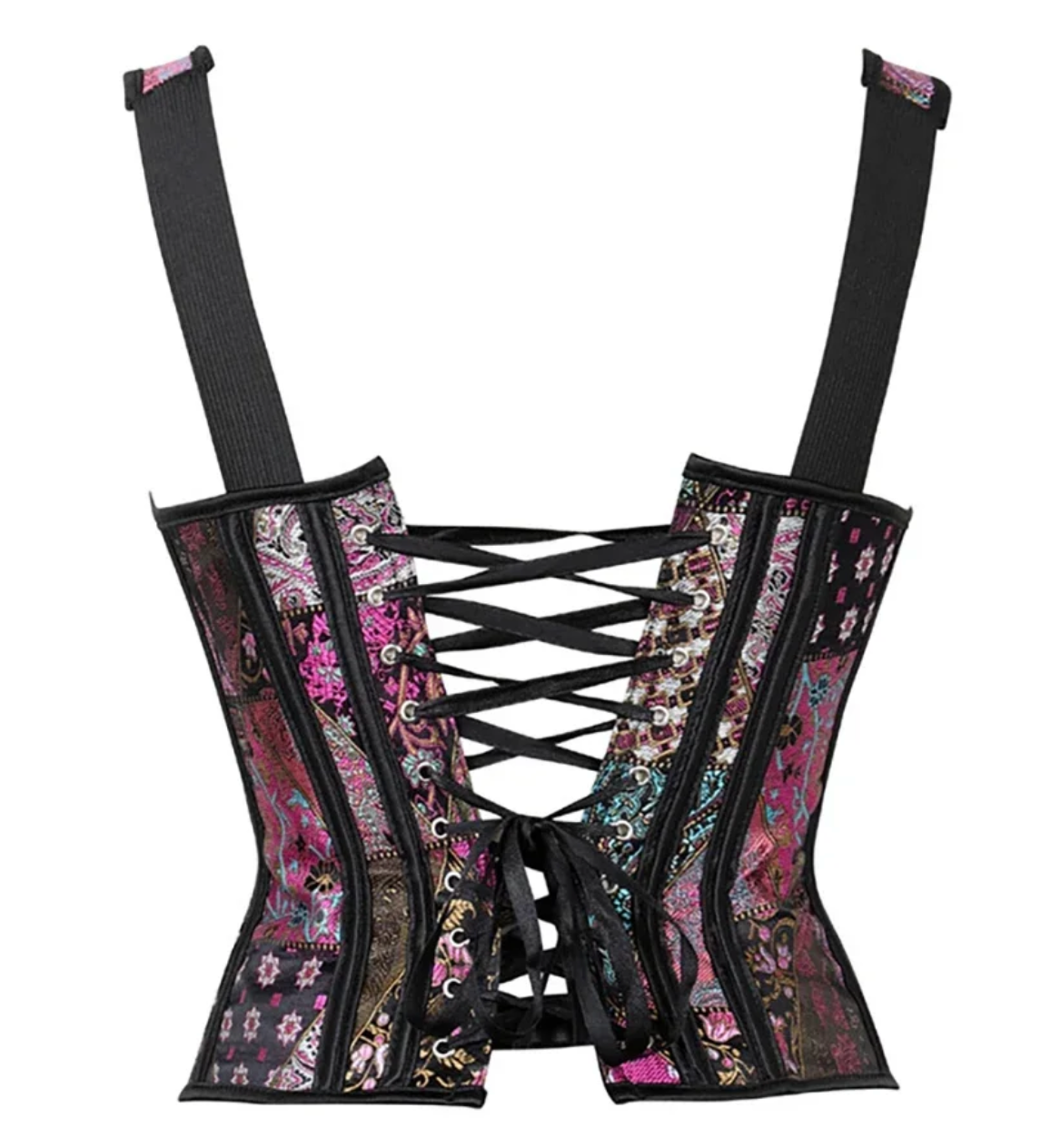 Black overbust corset with pink and blue jacquard pattern, featuring structured boning and adjustable front lace-up closure.
