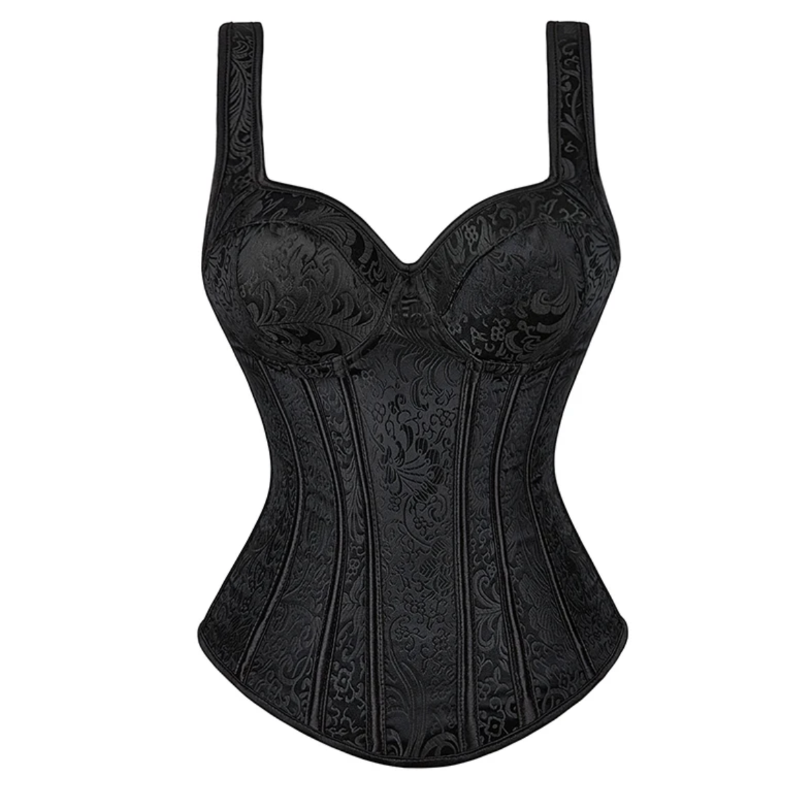 Black jacquard overbust corset with structured boning, wide straps, and a sweetheart neckline for a bold, alternative look.