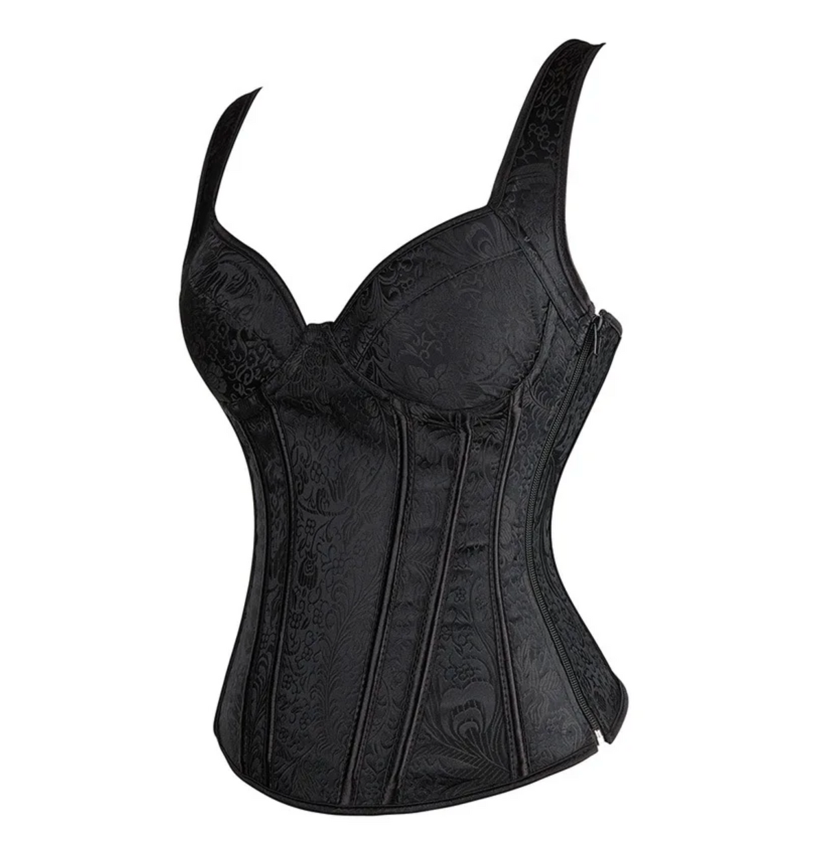 Black jacquard overbust corset with structured boning, wide straps, and a side zipper closure.