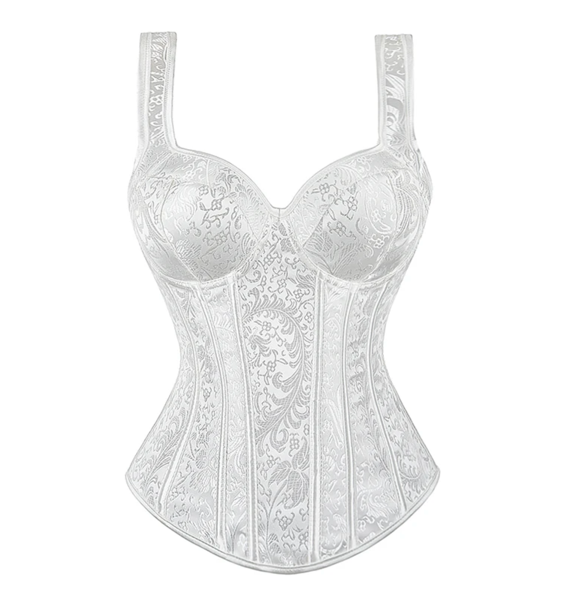 White jacquard overbust corset with structured boning, wide straps, and intricate floral patterns for a vintage aesthetic.