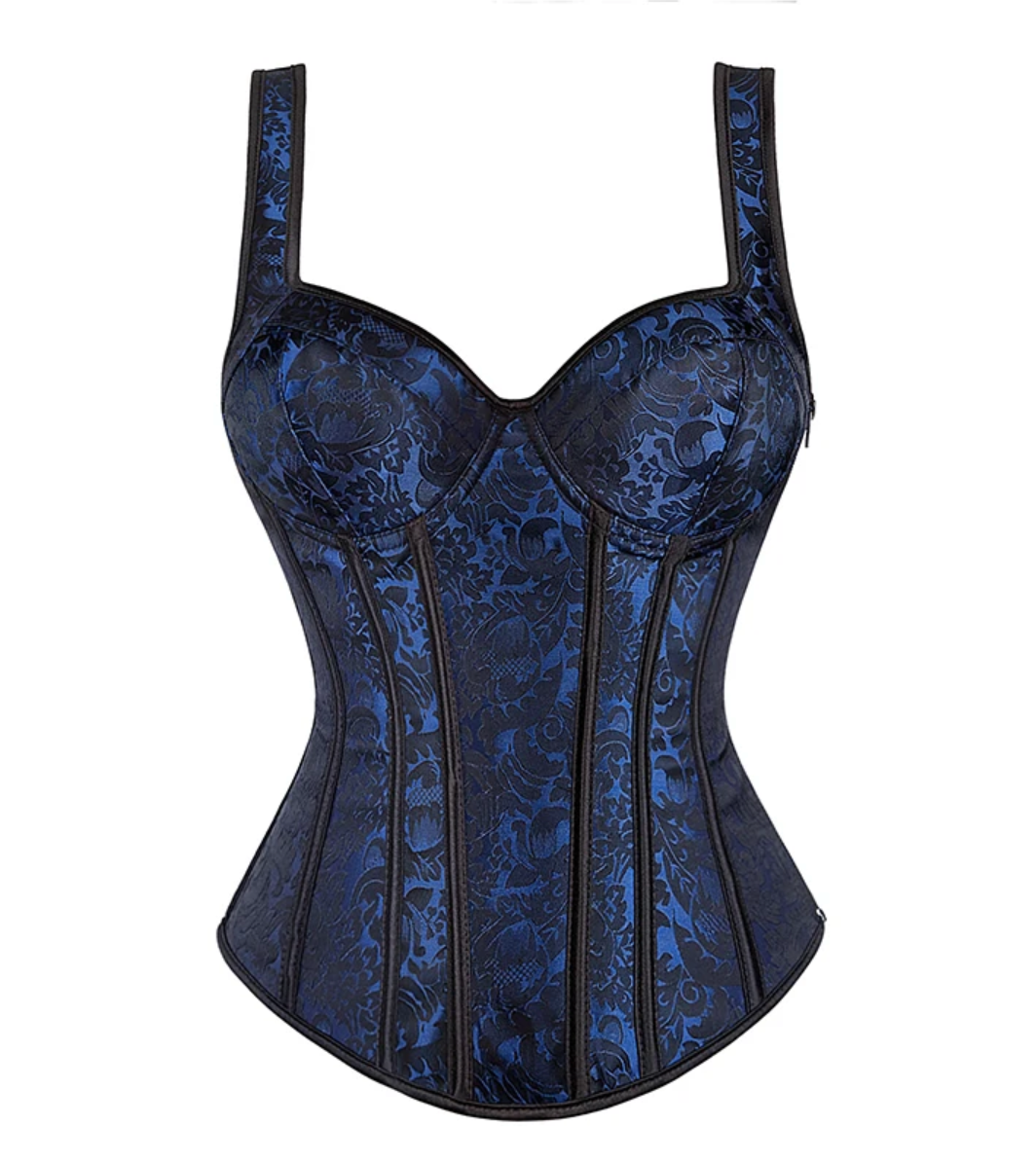 Yana black and blue jacquard overbust corset with structured boning, wide straps, and a side zipper closure.