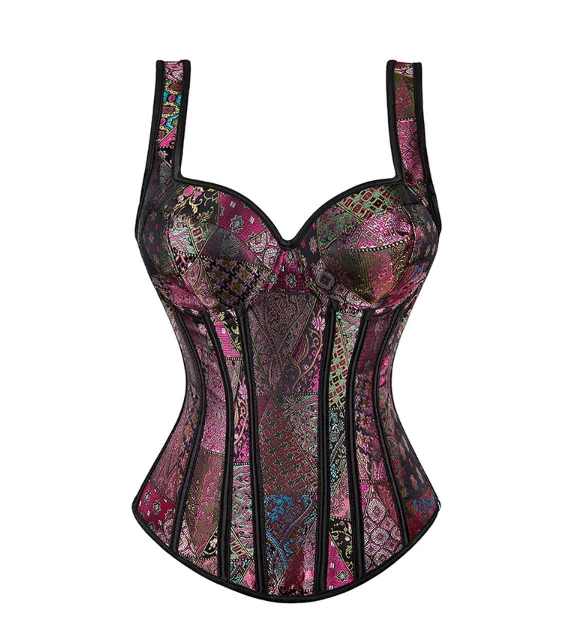 Yana black overbust corset with structured boning and a vibrant, multicolored jacquard patterned fabric.