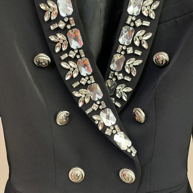 Casual Long Sleeve Black Blazer With Rhinestones