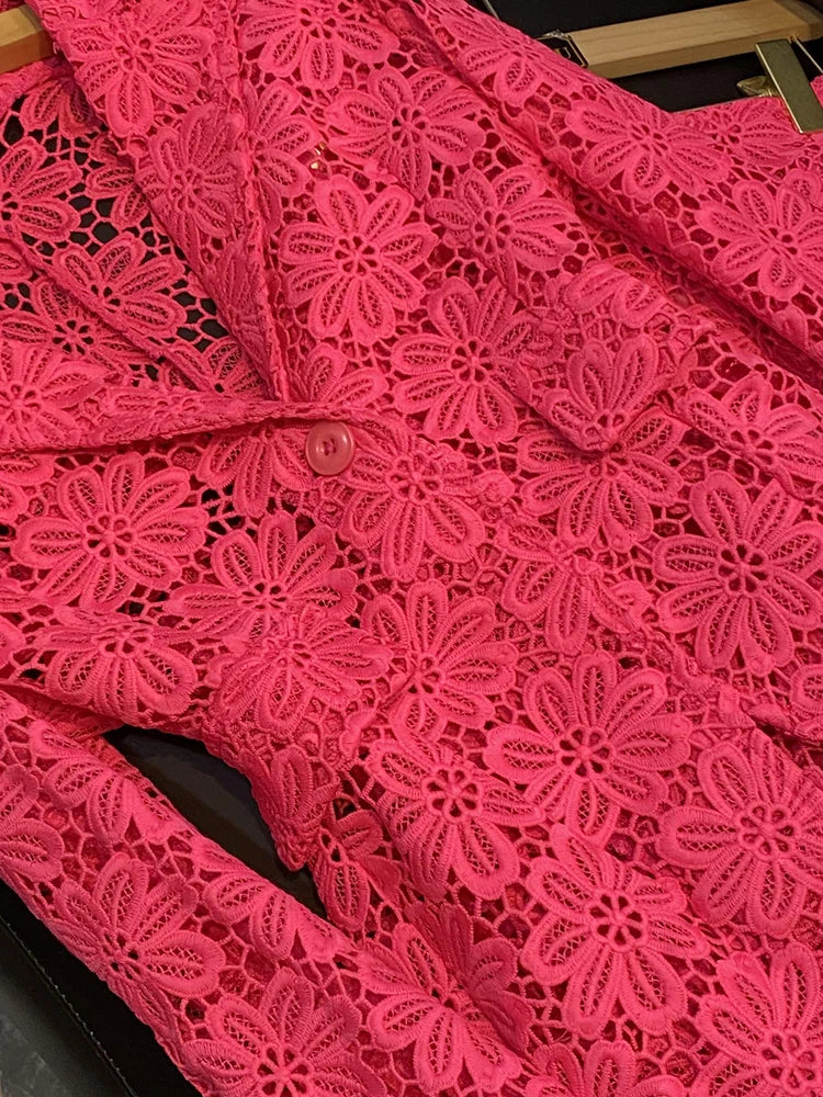 Elegant Lace 2-Piece Suit with Pencil Pants and One Button Single Breasted Blazer