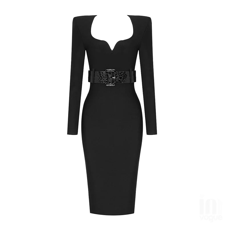 Belted Black Evening Dress