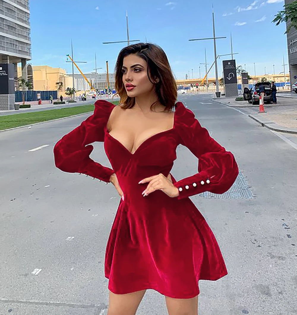 Velvet V-neck Long Sleeve Dress