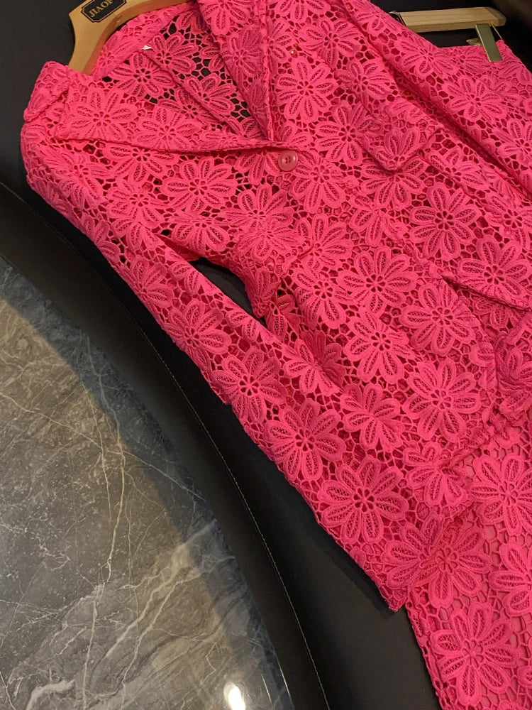 Elegant Lace 2-Piece Suit with Pencil Pants and One Button Single Breasted Blazer