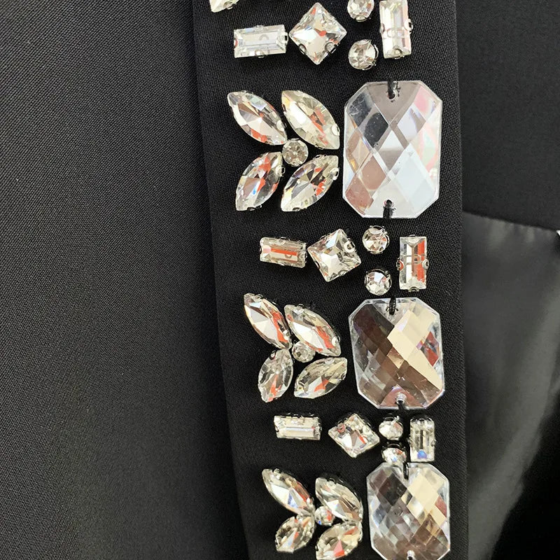 Casual Long Sleeve Black Blazer With Rhinestones