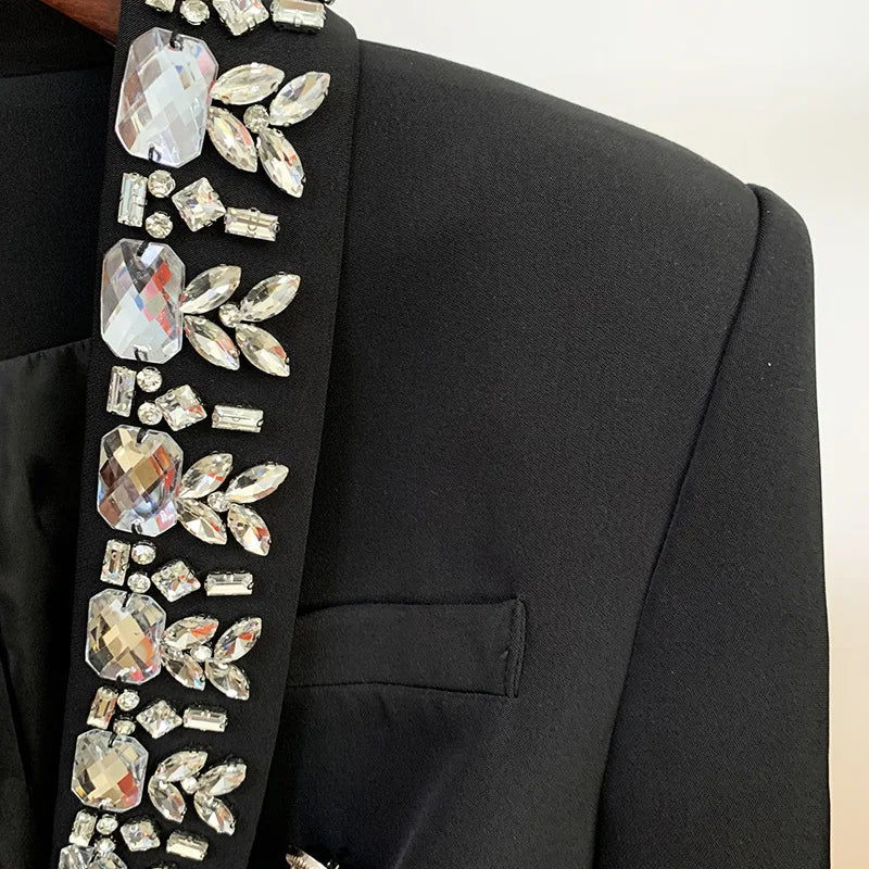 Casual Long Sleeve Black Blazer With Rhinestones
