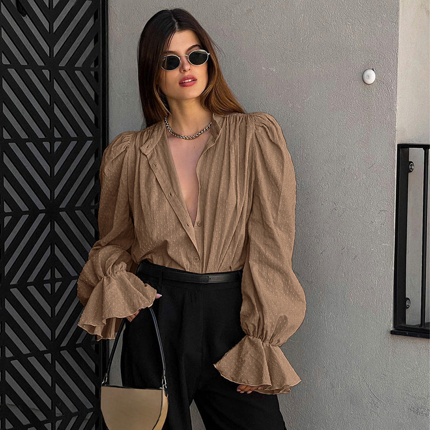 French Jacquard Chiffon Ruffled Sleeve Top